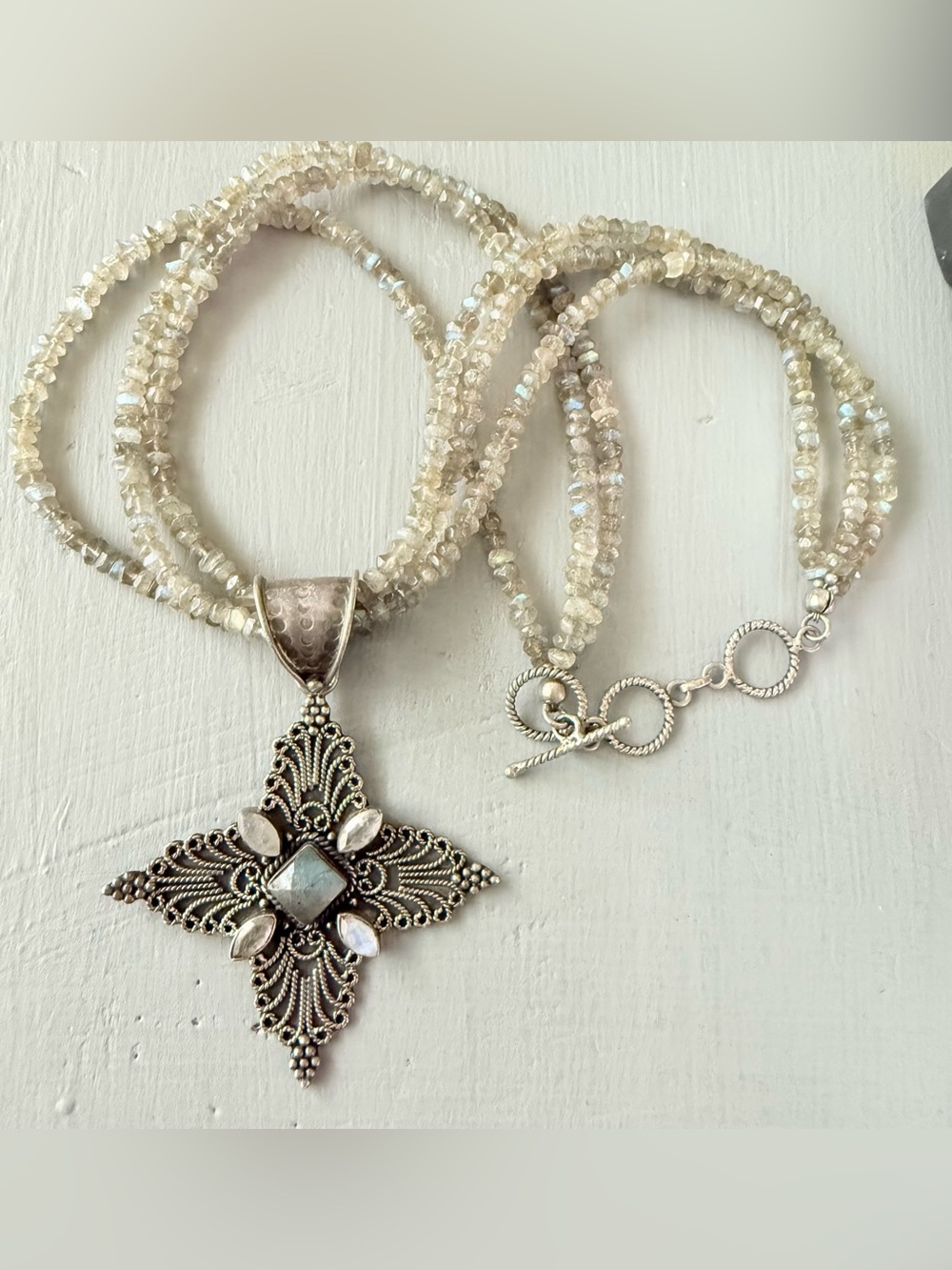 925 Sterling Silver Multi Strand Stone Beaded Necklace & Pendant